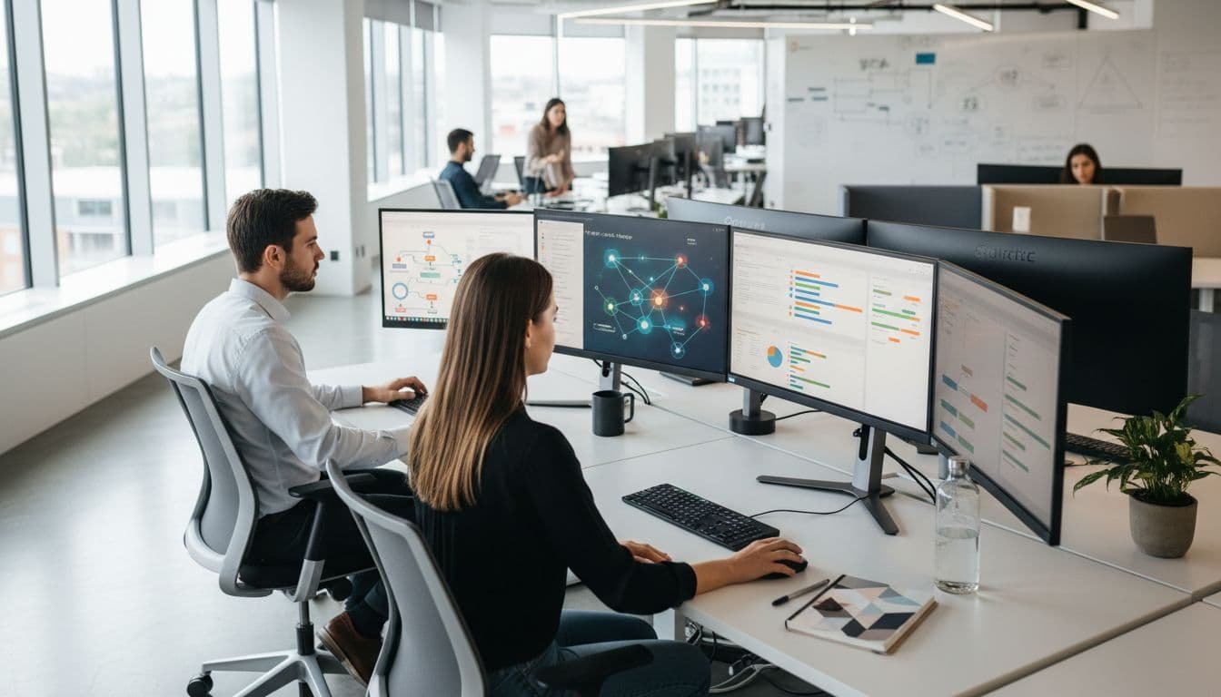 Two professionals collaborate at a desk viewing data dashboards and content strategy planning screens.