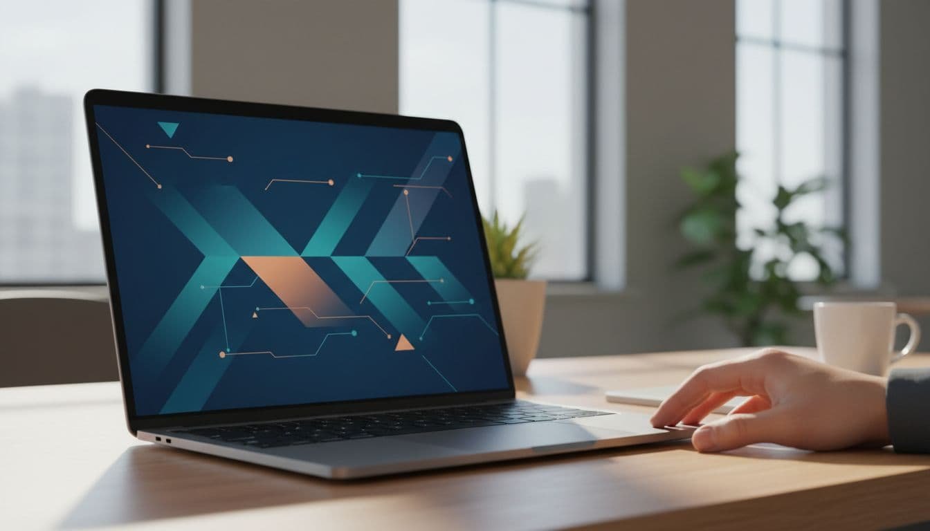 A person's hand rests on a wooden desk beside a laptop displaying an abstract professional dashboard.