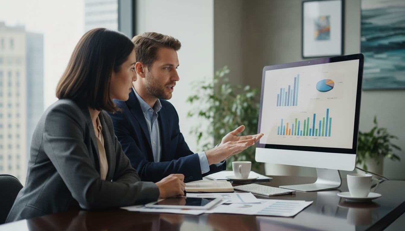 Two business professionals sitting at an office desk while reviewing financial charts on a computer screen.