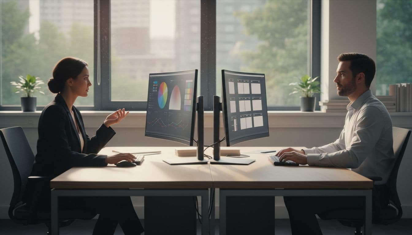 Two professionals collaborate at modern desk with screens showing tone examples and natural window light.