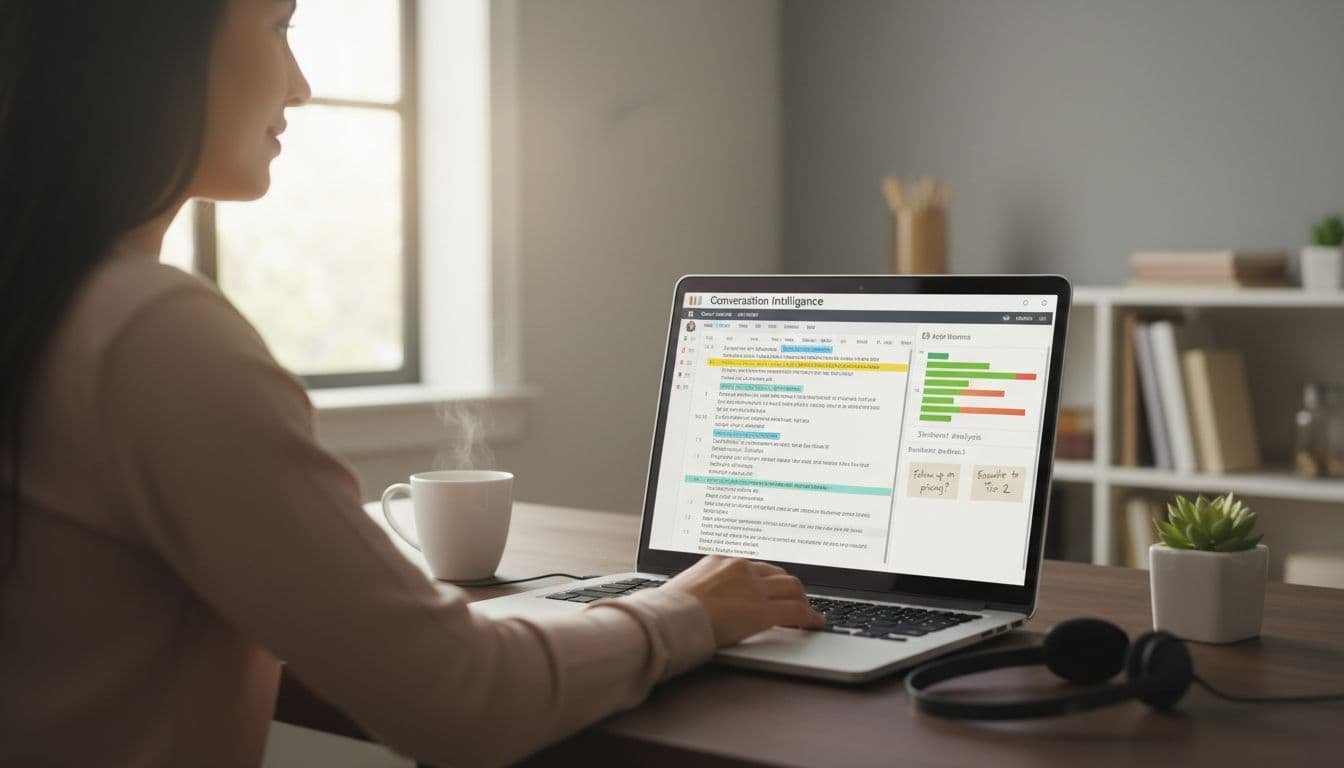 Remote support agent at home desk with laptop showing transcription highlights, sentiment bars, and notes; headset, plant, and coffee nearby.