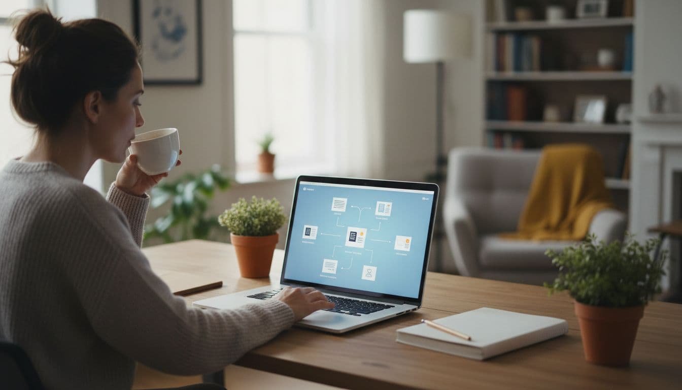 Professional relaxed at cozy home office desk uses laptop showing integrated search results, coffee mug nearby.