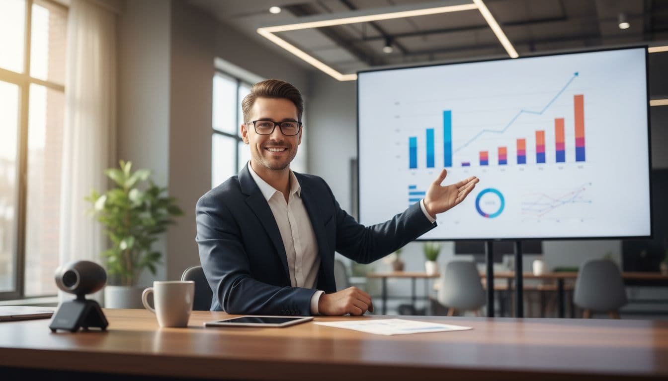 Professional at office desk gestures toward digital charts on wall screen with webcam and coffee mug.