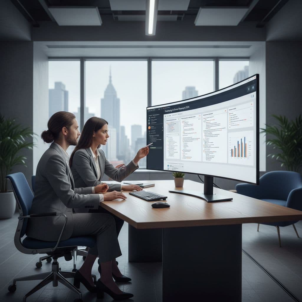 Two professionals collaborate in a modern office, analyzing search engine results on a large monitor.