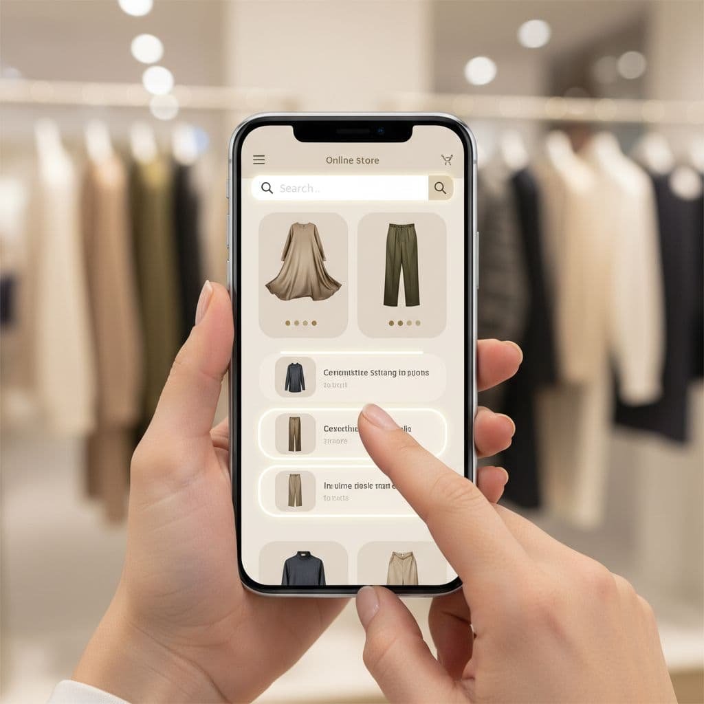Close-up of hands holding smartphone showing online clothing store with active search bar and autocomplete suggestions.