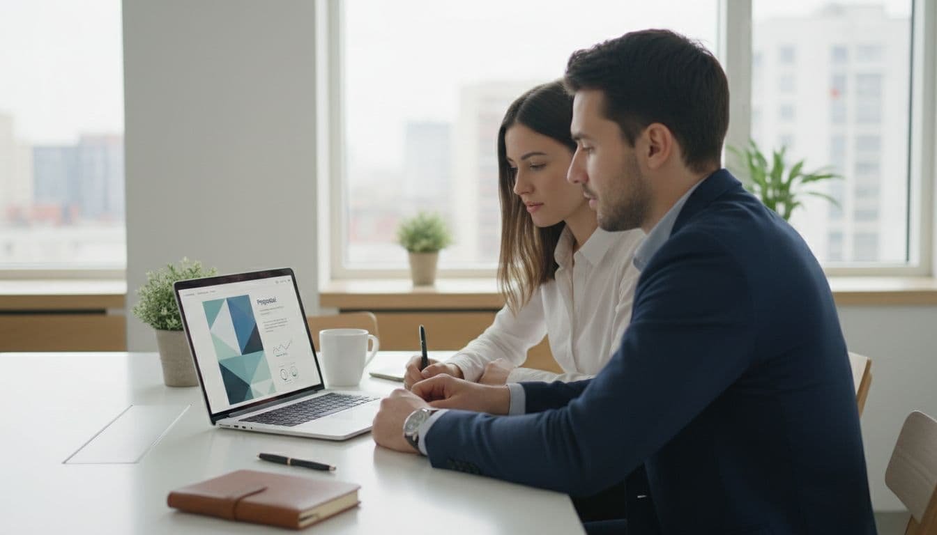 Two professionals examine a clean digital proposal on a laptop in a bright modern office.