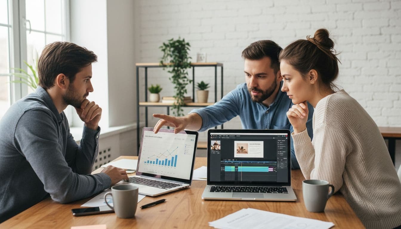 Three people around wooden desk examine charts and media on two laptops in bright modern office.
