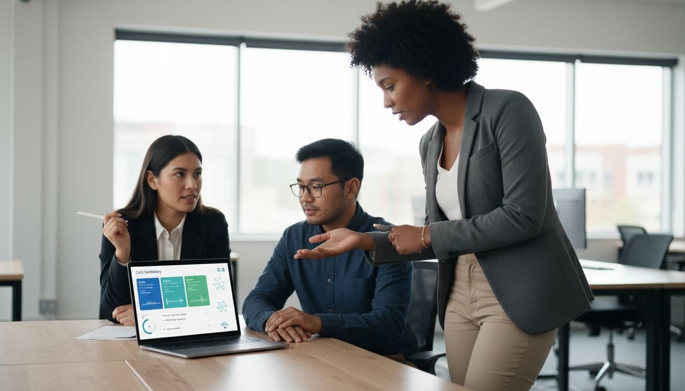 Three diverse professionals in a modern open office gather around a laptop showing conversation analytics dashboard with highlights and notes.