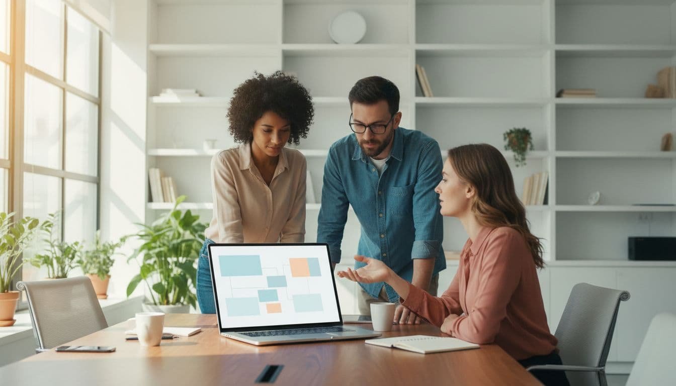 Three diverse people in a bright modern office gather around a table with a laptop, viewing a clean presentation screen.