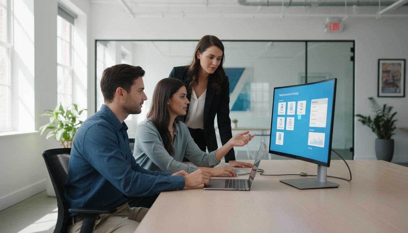 Three professionals in open-plan office review document search results on large monitor connected to laptop.