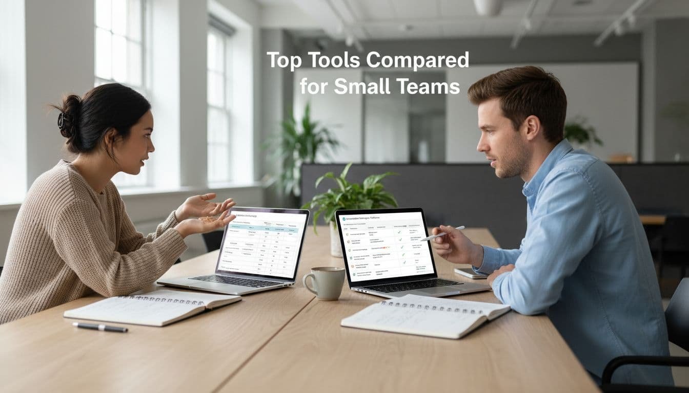 Two team members in coworking space review software on laptops showing pricing table and feature chart.