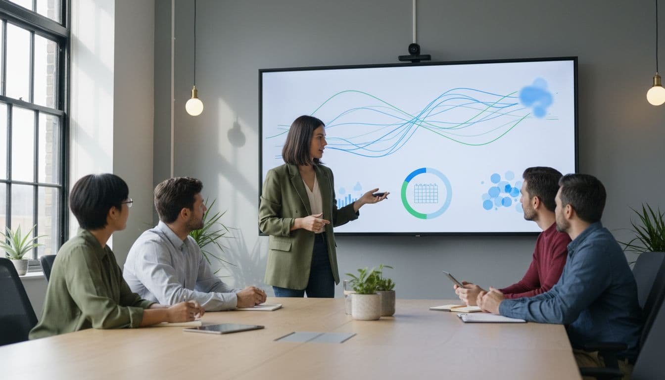 Four diverse professionals around a table in a meeting room view workflows and calendars on a large screen, one presenting with a mouse.