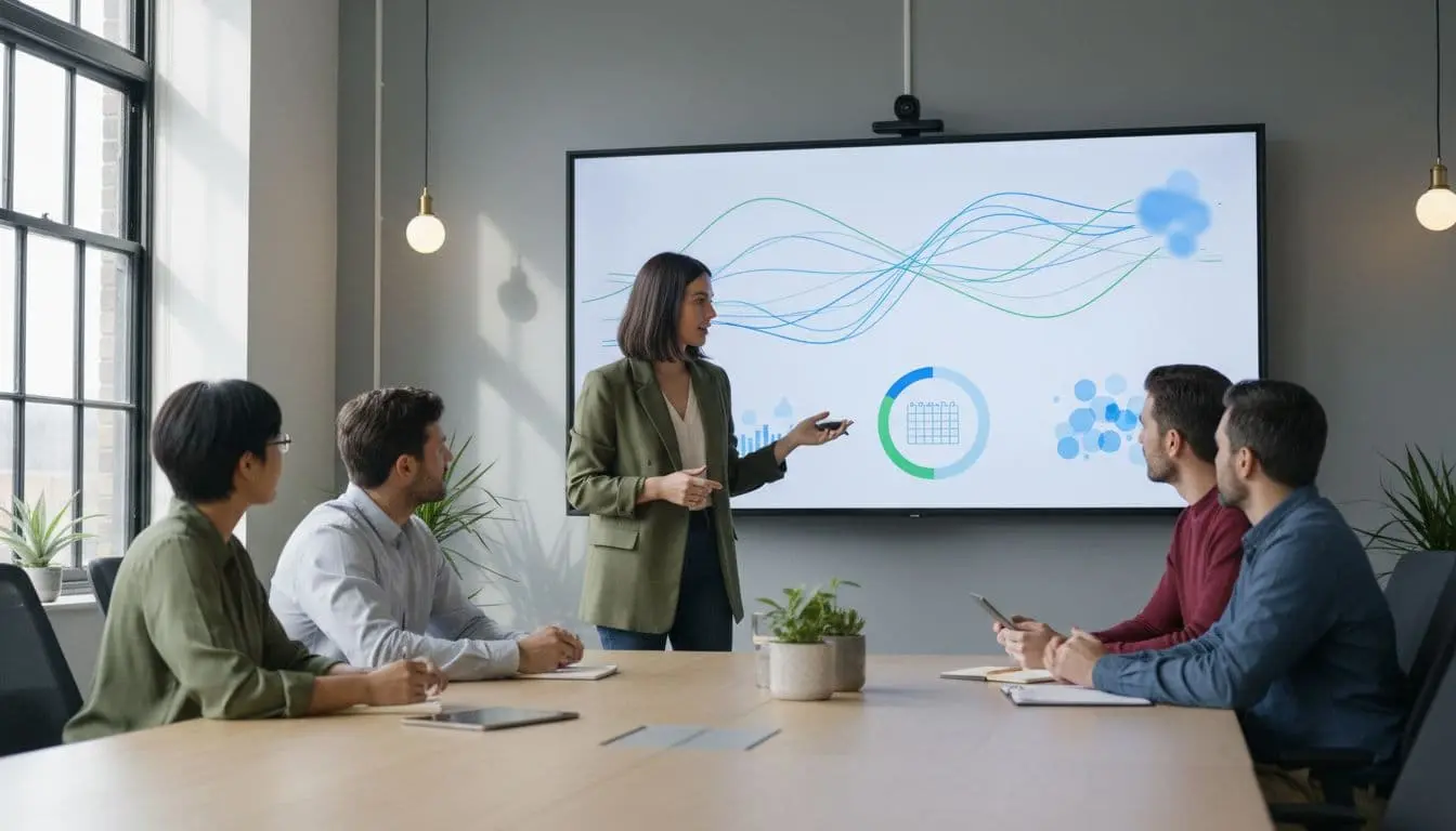 Four diverse professionals around a table in a meeting room view workflows and calendars on a large screen, one presenting with a mouse.
