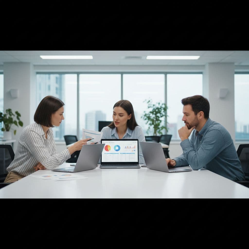 A professional team collaborates in a modern office while viewing customer analytics on their laptops.
