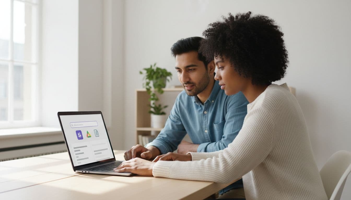 Two diverse professionals in modern office collaborate over laptop showing unified search dashboard from Slack, Drive, and docs.