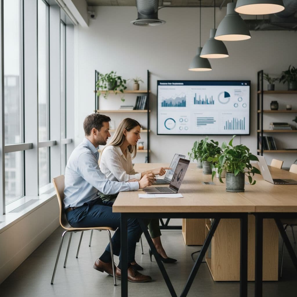 Two colleagues review data charts on their laptops in a bright, modern office space.