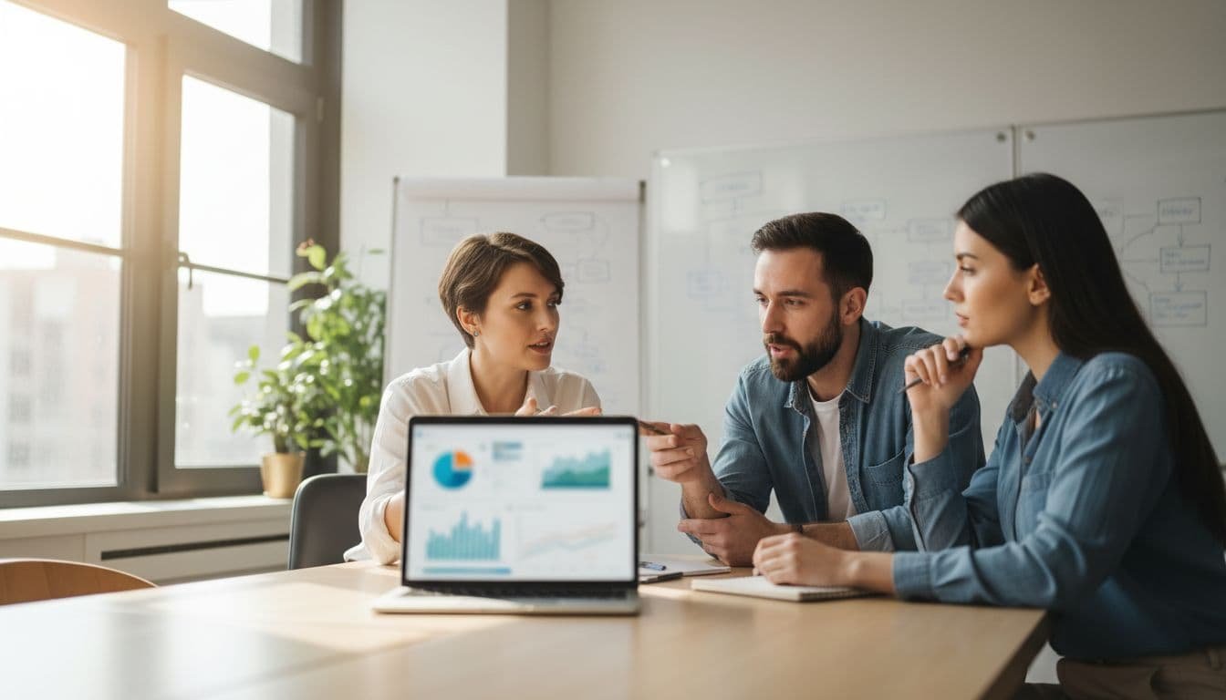 Three professionals discuss strategy while reviewing data on a laptop in a bright workspace.