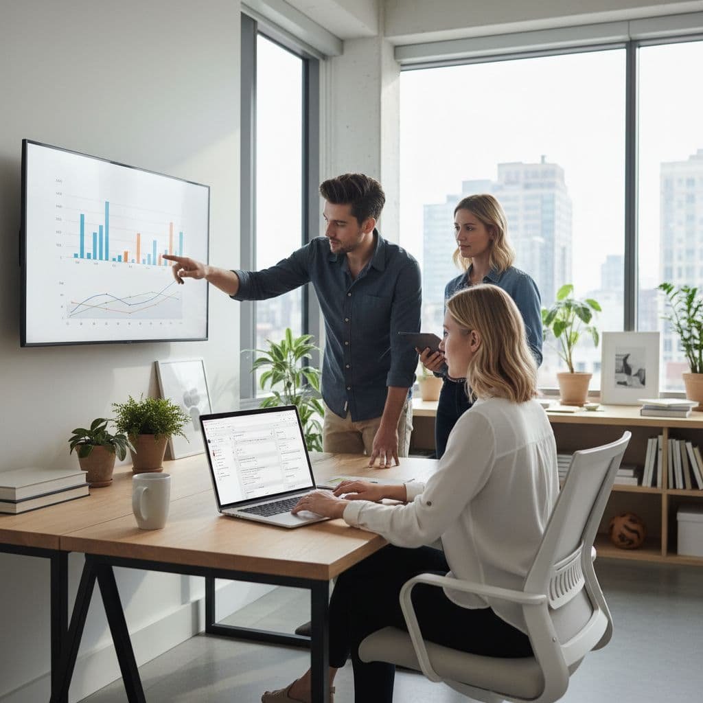 Two coworkers collaborate in a modern office, reviewing performance data on a laptop screen together.