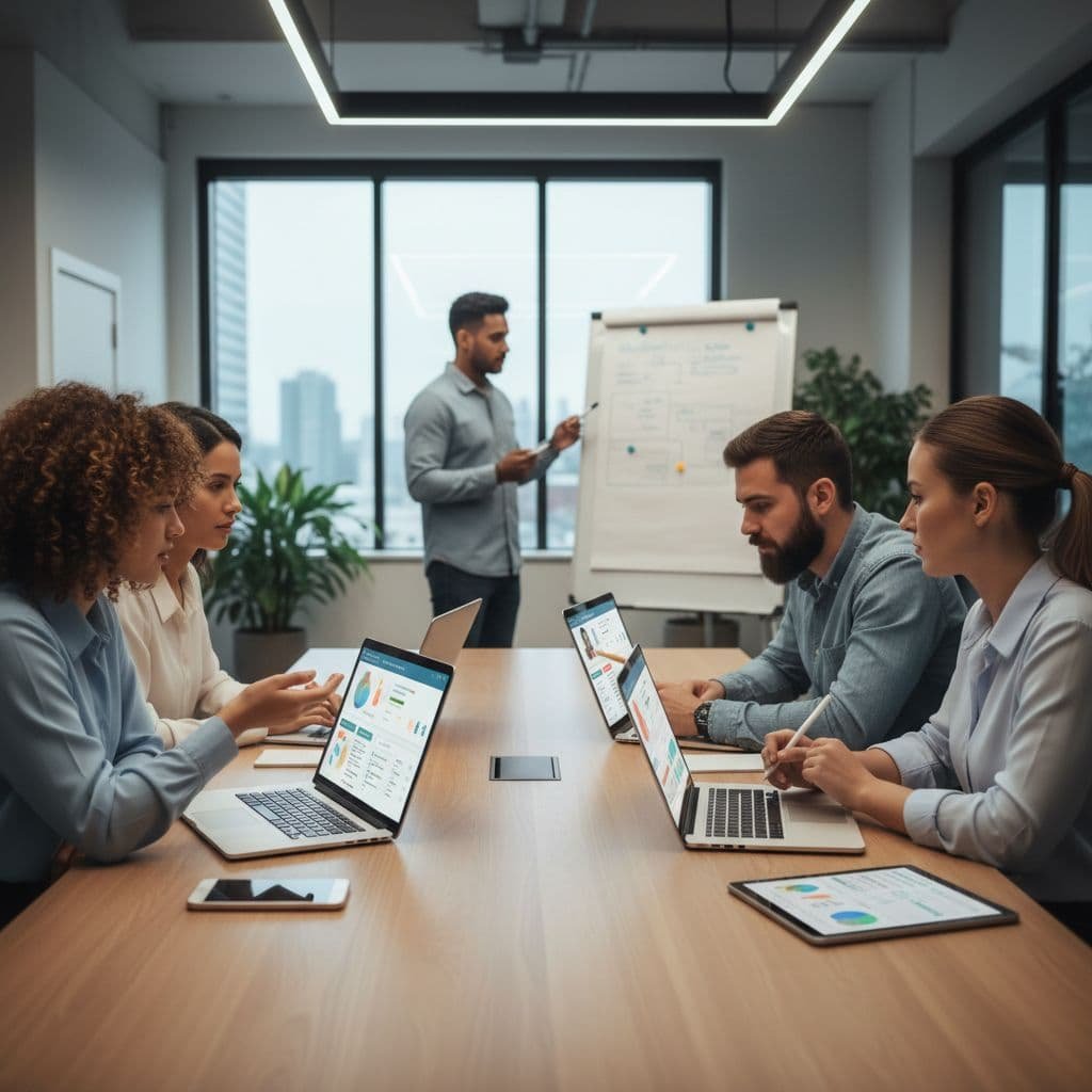 A diverse team works together in an office setting using customer support software on their laptops.