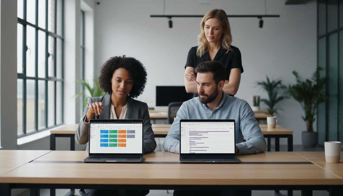 Three professionals in modern office at shared desk view side-by-side project dashboards on laptops, one pointing to screen.