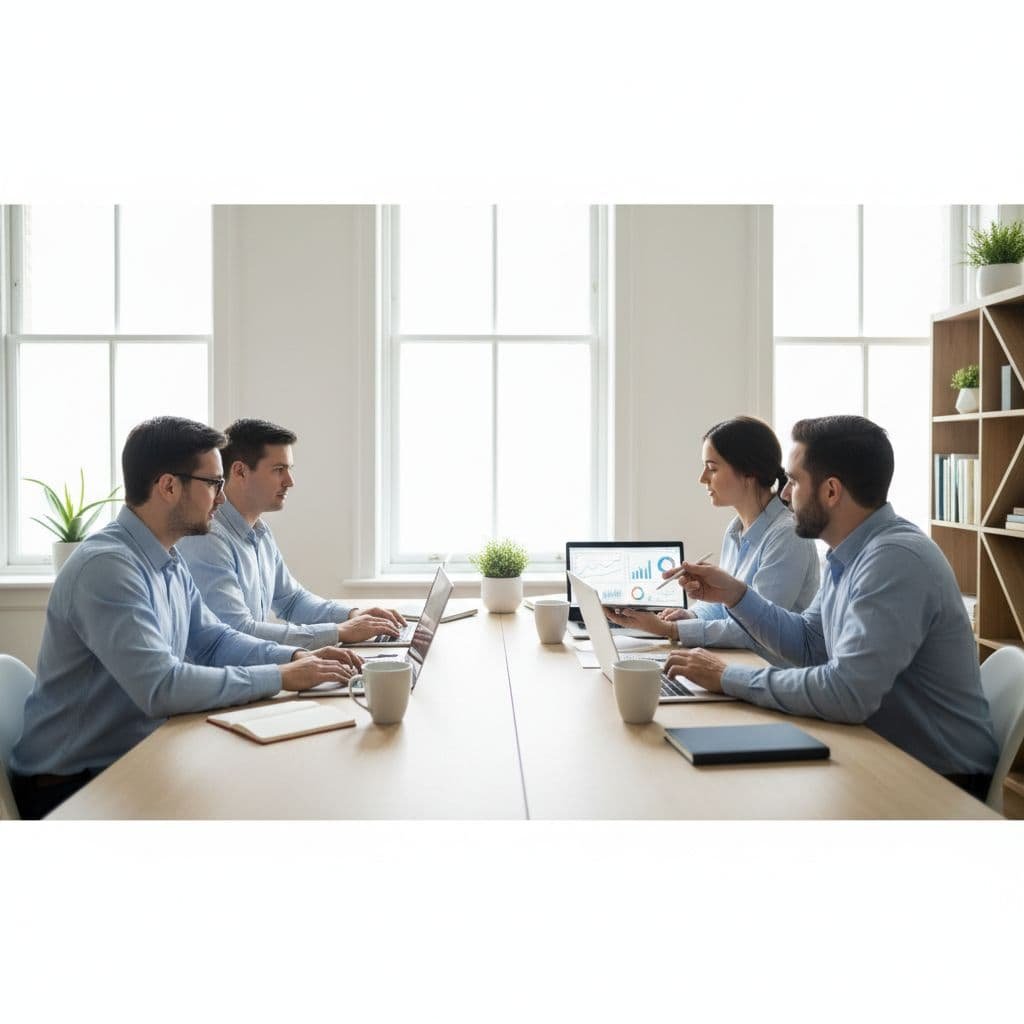 A focused team reviews analytical charts and performance data on digital devices in a modern workspace.