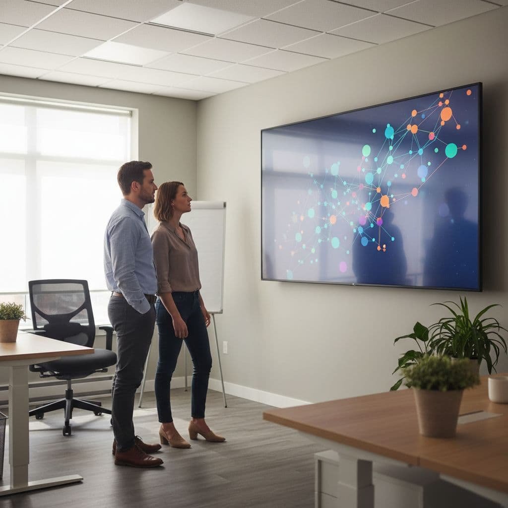 Two coworkers examine a wall-mounted monitor displaying data visualizations in a bright professional office.