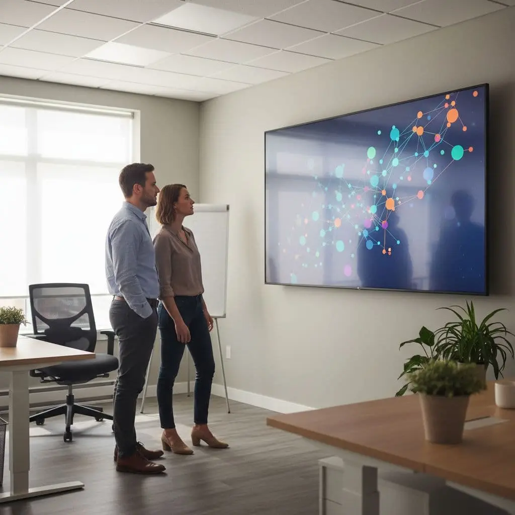 Two coworkers examine a wall-mounted monitor displaying data visualizations in a bright professional office.