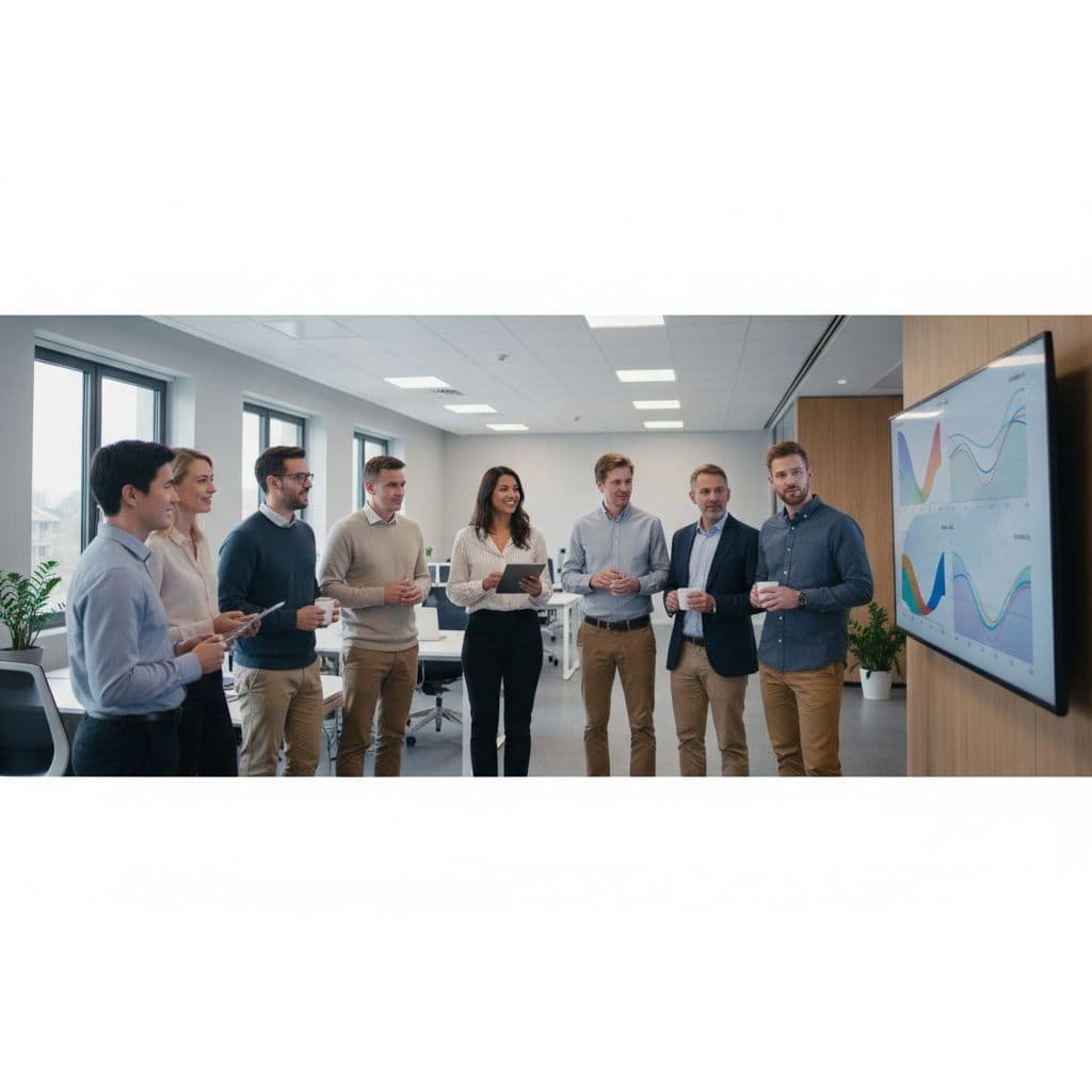 A diverse professional team stands before a wide monitor displaying colorful analytical data graphs. The modern office background features clean lines and bright ambient lighting reflecting a productive corporate environment.