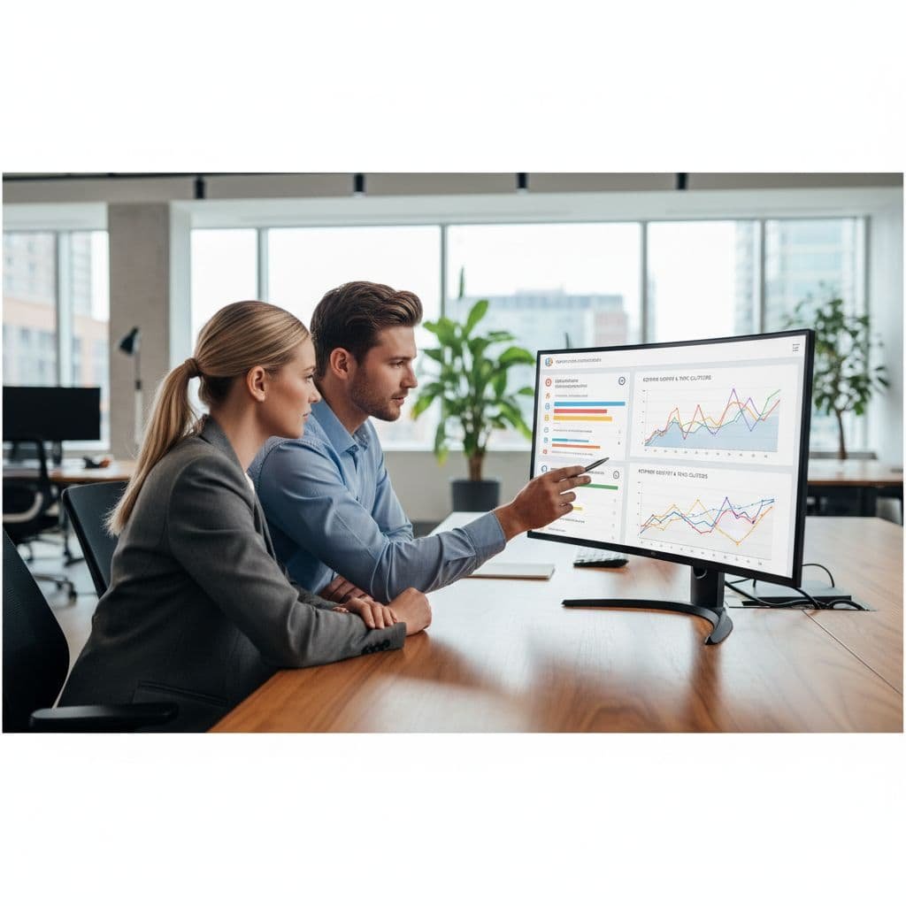 Two professionals sit at an office desk analyzing website content performance charts on a computer screen.