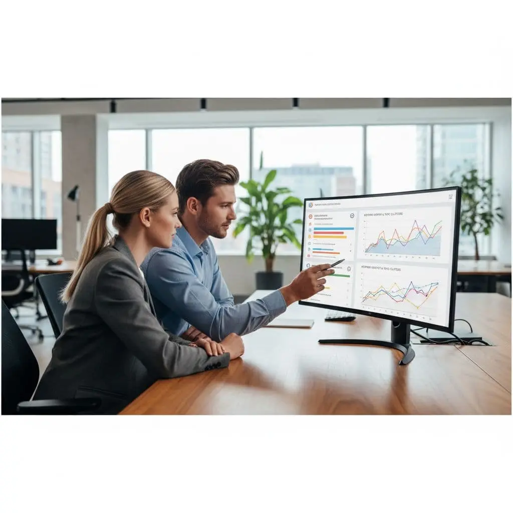 Two professionals sit at an office desk analyzing website content performance charts on a computer screen.