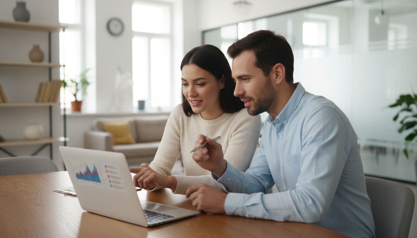 Two colleagues look at a laptop screen together in a modern office.