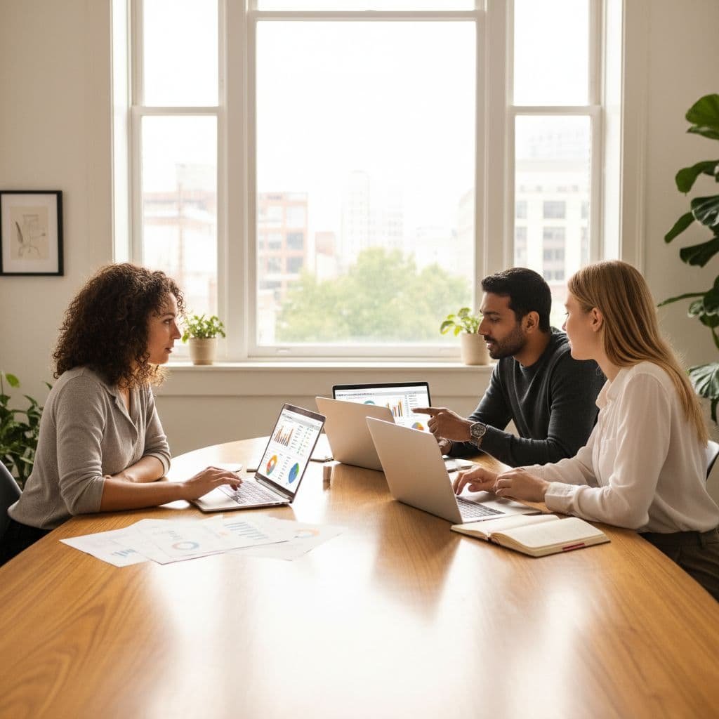 Three colleagues sit around a polished wooden table in a sunlit office, analyzing data on their laptops. The bright, open space features large windows that fill the room with soft daylight.