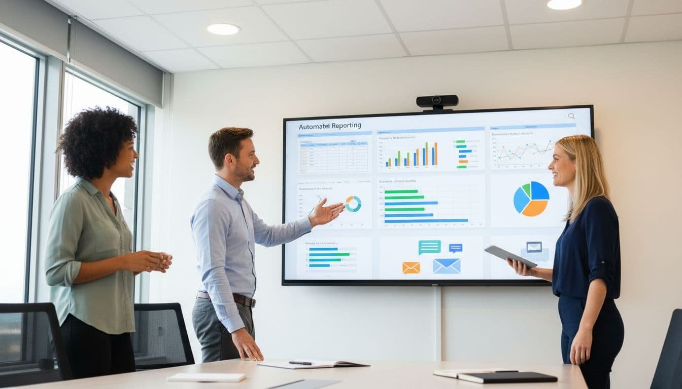 Three professionals in a conference room review a large screen showing spreadsheet charts linked to Slack and email summaries.