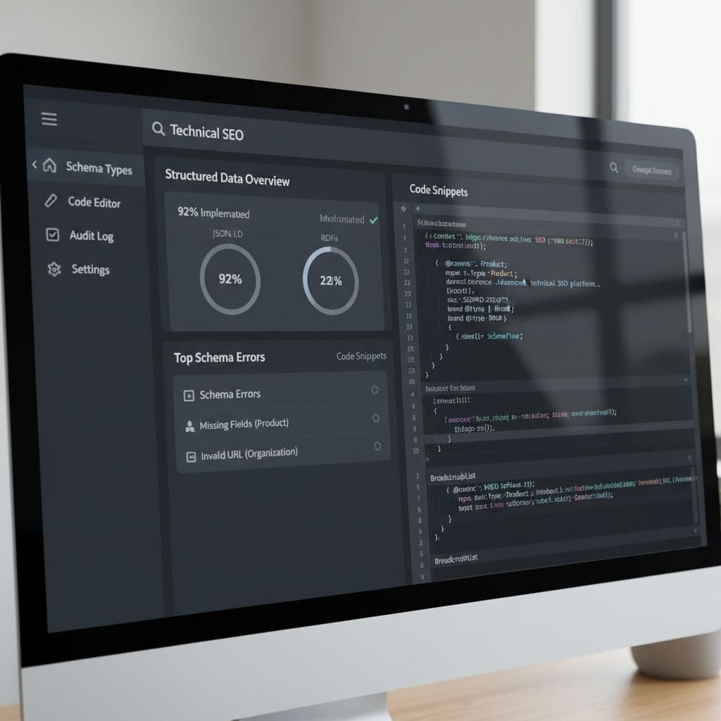 A close-up view of a computer screen displaying structured data and code snippets for SEO.