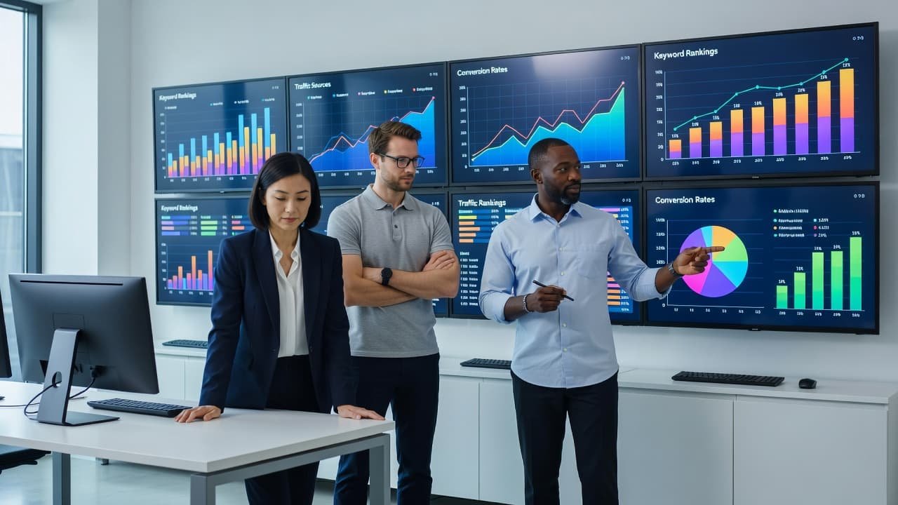 Three professionals stand before large wall-mounted screens displaying vibrant SEO performance charts and data visualizations. The bright office space features clean lines and natural daylight illuminating the focused team members.