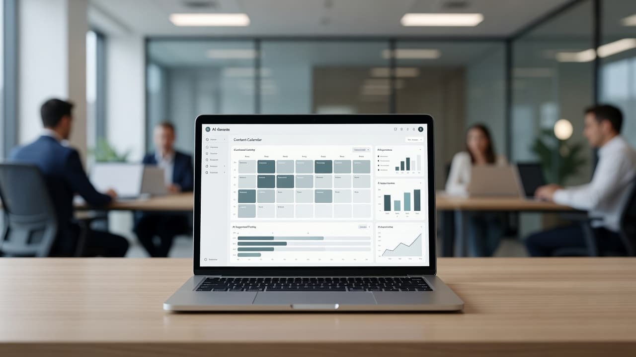 A close-up view of a sleek laptop screen displaying an organized editorial content calendar grid. The professional office background is softly blurred to emphasize the clean data visualization on display.