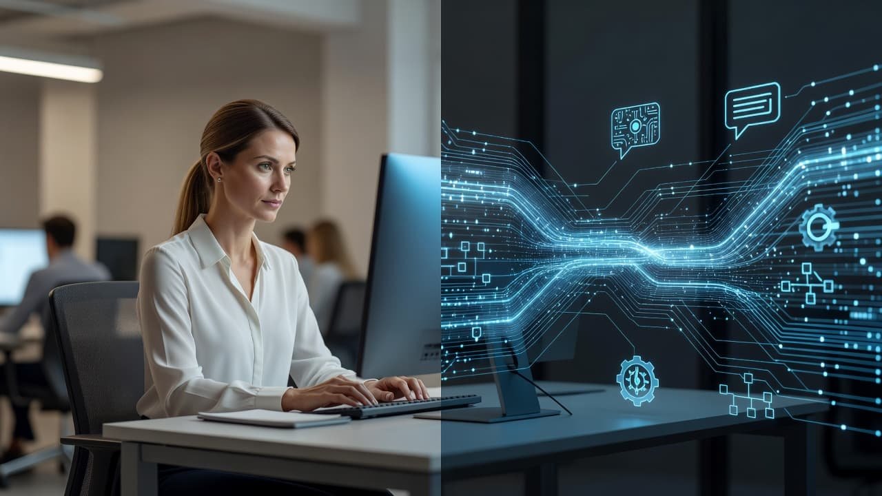 A split screen displays a professional human representative on the left alongside abstract flowing data streams and glowing automated icon clusters on the right, representing a seamless blend of modern service.
