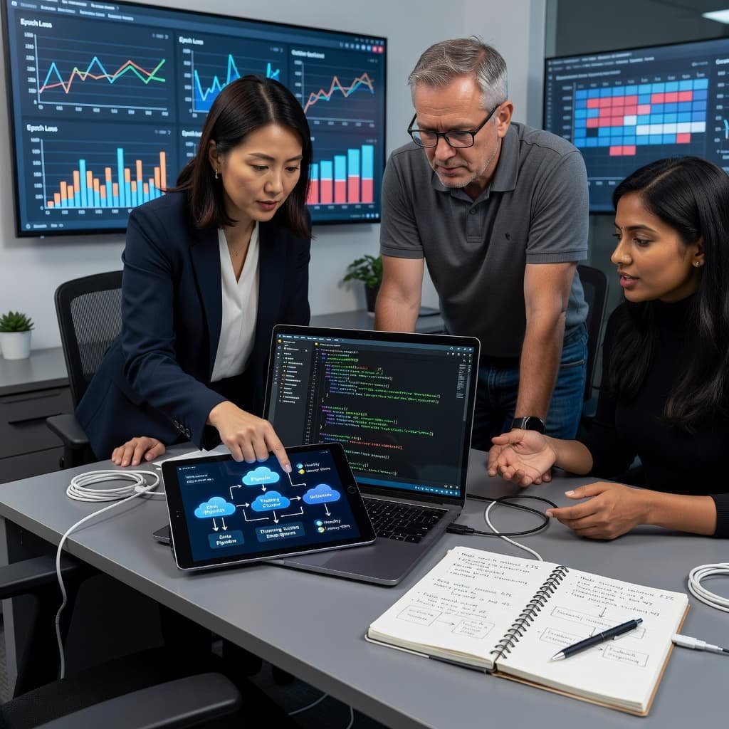 A clean desk displays an open laptop showing complex code, a digital tablet with cloud architecture diagrams, and a leather notebook. These tools facilitate professional collaborative software model troubleshooting sessions.
