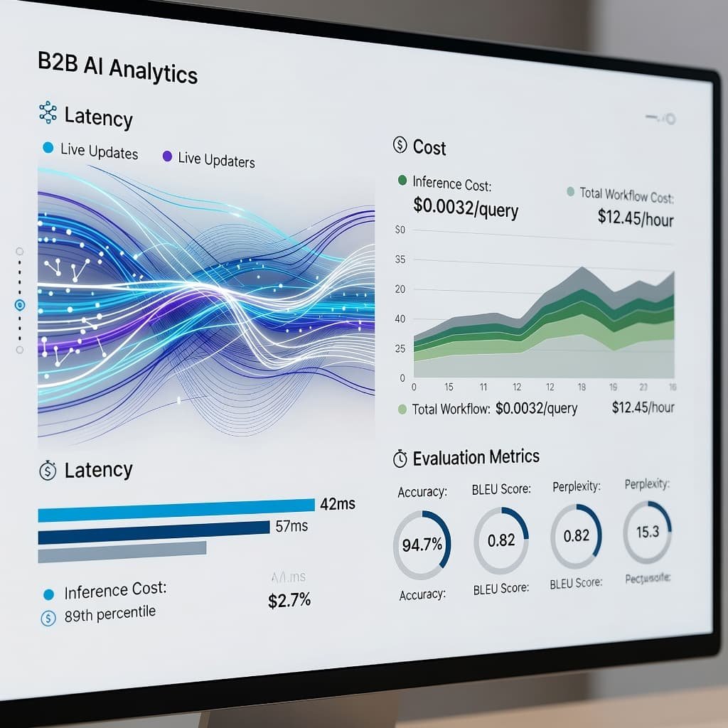 A high-resolution computer screen displays a professional analytics dashboard featuring complex line graphs, latency heat maps, and cost breakdown charts. The interface utilizes a clean dark-mode aesthetic with vibrant blue accents.