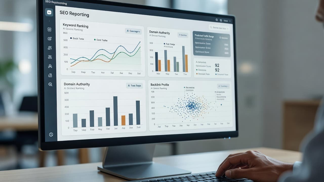 A close-up view features a sleek digital dashboard on a screen showing data charts and SEO growth graphs. A person's hand rests on the desk beside a keyboard in the foreground.