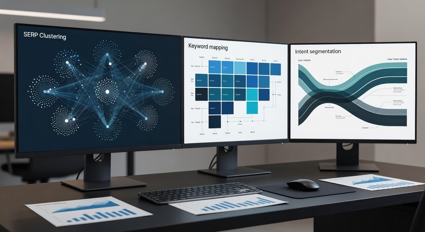 A professional office desk features a large monitor displaying vibrant heat maps and complex keyword clustering charts. Soft ambient lighting highlights the ergonomic workspace setup and sleek digital interface design.