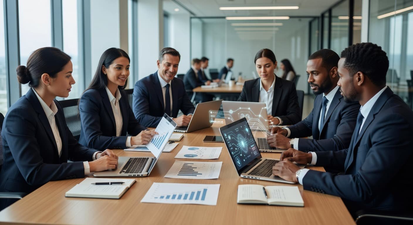 Diverse colleagues sit around a bright table covered in open laptops and colorful data charts. Glowing digital interface projections highlight various workflow stages against the backdrop of a modern corporate office.