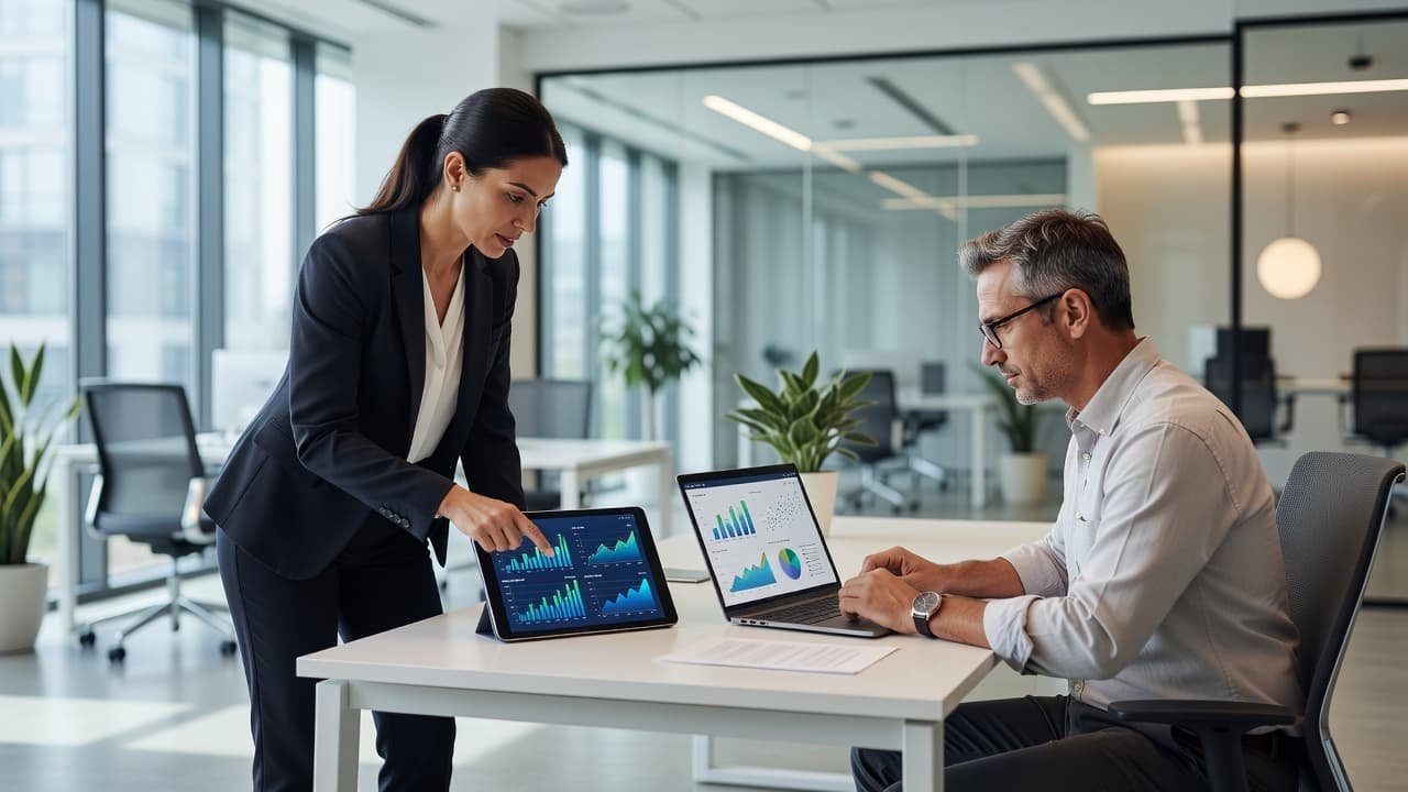 Two colleagues lean over a sleek office table examining digital charts on a tablet and laptop screen. Their focused expressions highlight a collaborative discussion regarding financial performance and software investment strategy.