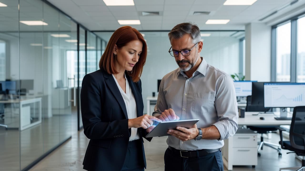 Two coworkers stand in a sunlit office, intently observing a tablet screen. They share a focused discussion regarding the digital charts and workflow statistics displayed on the handheld touch screen device.