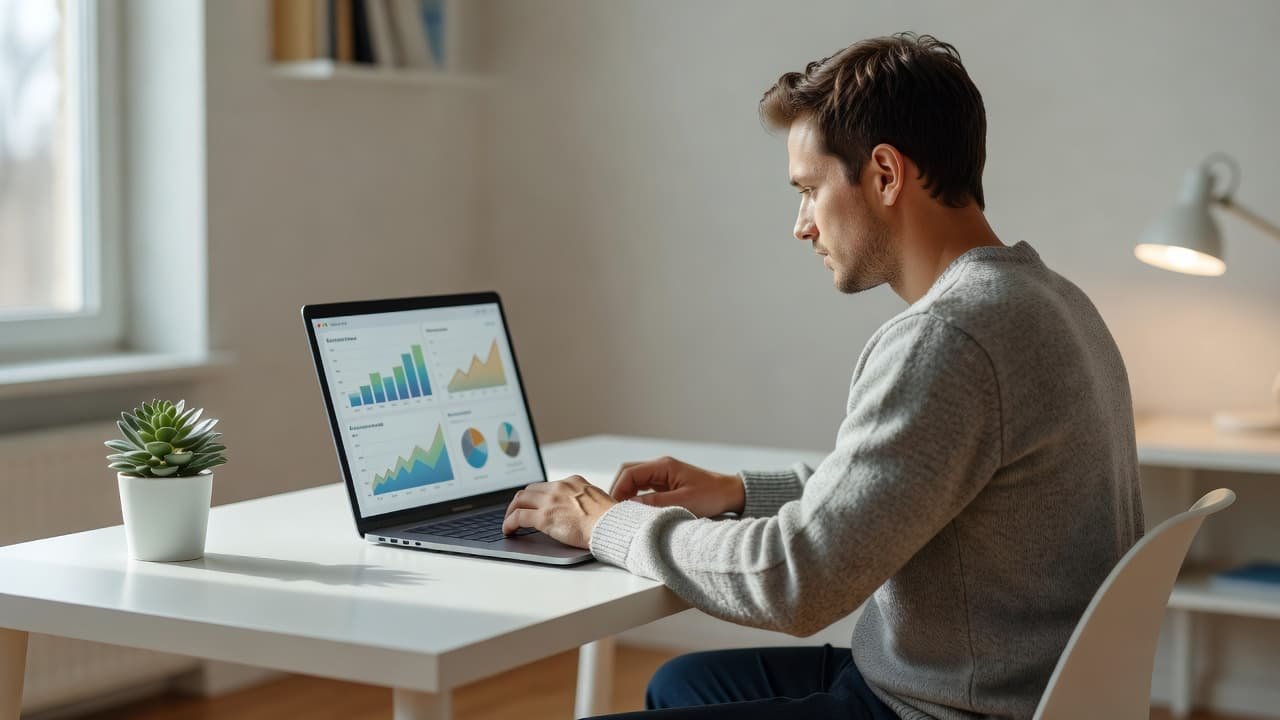 A person sits at a clean desk viewing a laptop screen filled with graphical data charts. Sunlight flows into the organized room, highlighting the professional workspace and digital metrics setup.