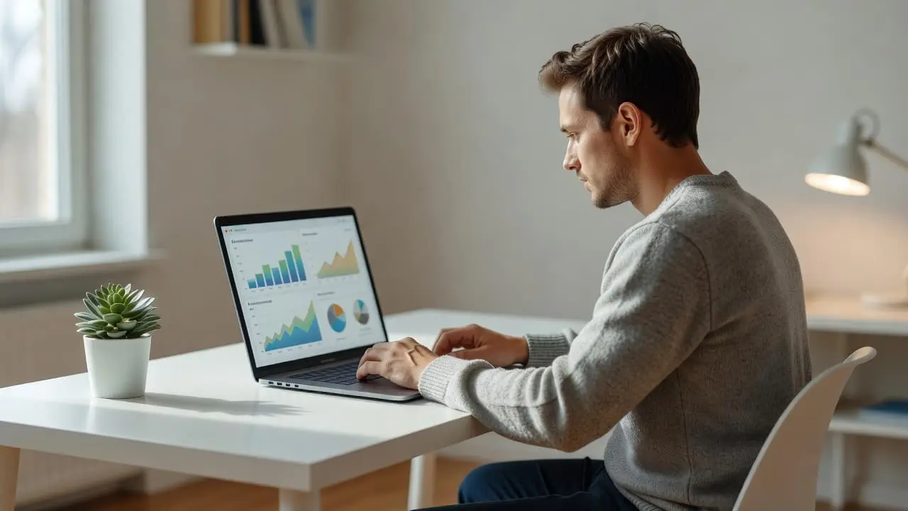 A person sits at a clean desk viewing a laptop screen filled with graphical data charts. Sunlight flows into the organized room, highlighting the professional workspace and digital metrics setup.