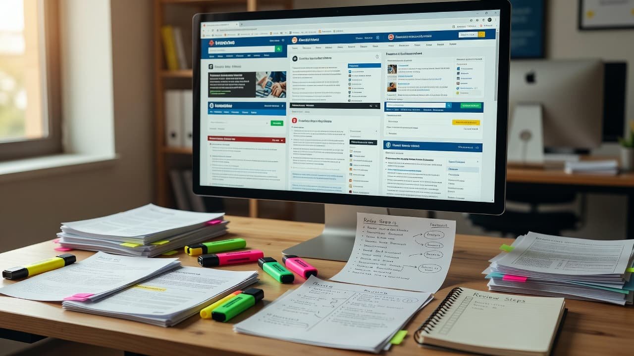 A computer monitor displays numerous browser research tabs while colorful highlighters and printed checklists lay across the desk surface. Subtle annotations are scattered on documents to emphasize a diligent review workflow.
