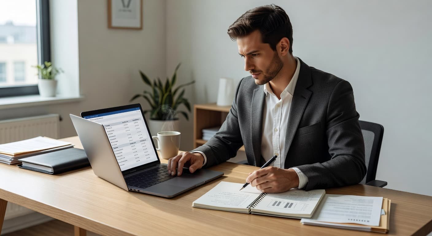 A focused professional sits at a clean desk analyzing various software pricing plans on a laptop screen. Nearby, a notebook rests beside a glass of water under soft natural light.