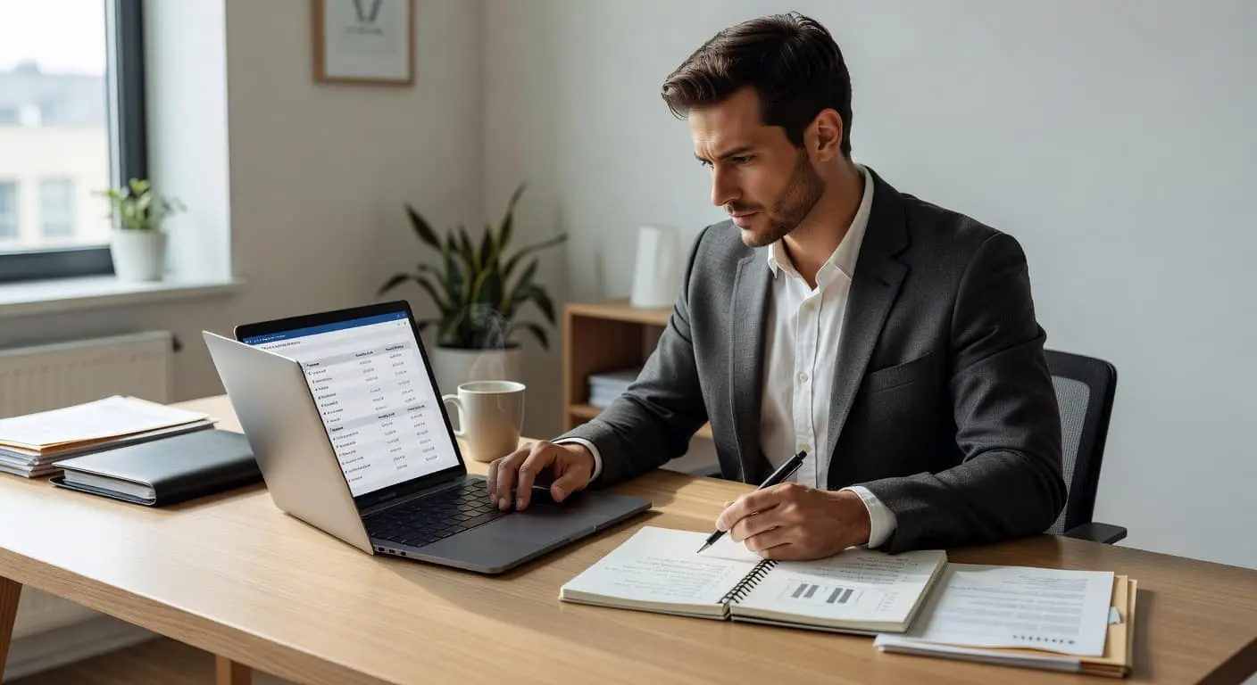 A focused professional sits at a clean desk analyzing various software pricing plans on a laptop screen. Nearby, a notebook rests beside a glass of water under soft natural light.