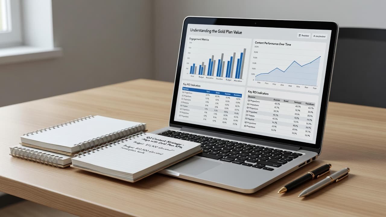 A clean desk features a laptop displaying complex data analytics charts alongside scattered notebooks and pens. Soft natural sunlight illuminates the professional setup, highlighting the organized workspace for strategic financial planning.